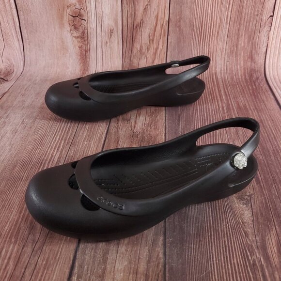 Crocs Jayna Womens Size 10 Jewel Flower Black Slingback Slip On Ballet Flats - Picture 1 of 15